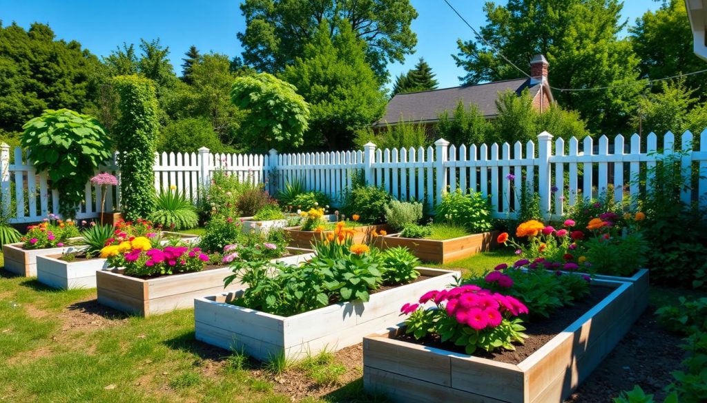 Raised garden beds and white picket fence